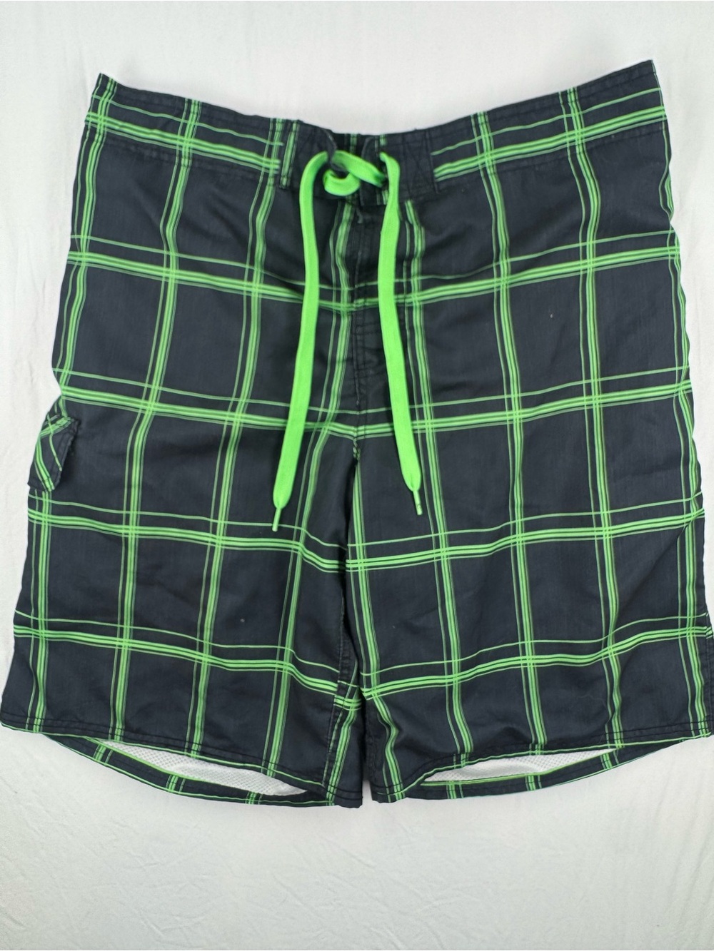 OP Men’s Black Swim Trunks with Neon Green Plaid